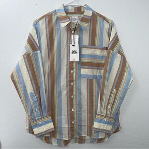 BDG Urban Outfitters Shirt - Brown Blue Stripe Button Up Oversized - Women’s XS